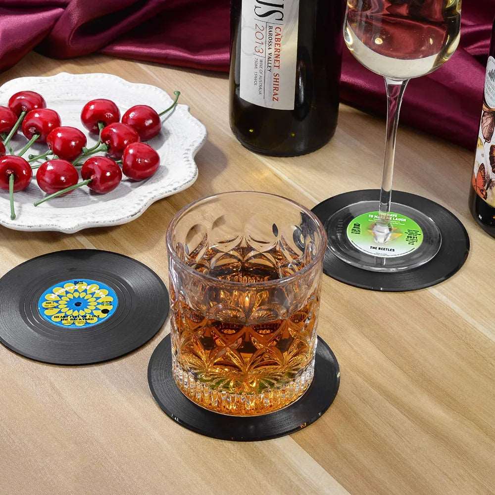 6 Retro Vinyl Record Coasters & Holder Set