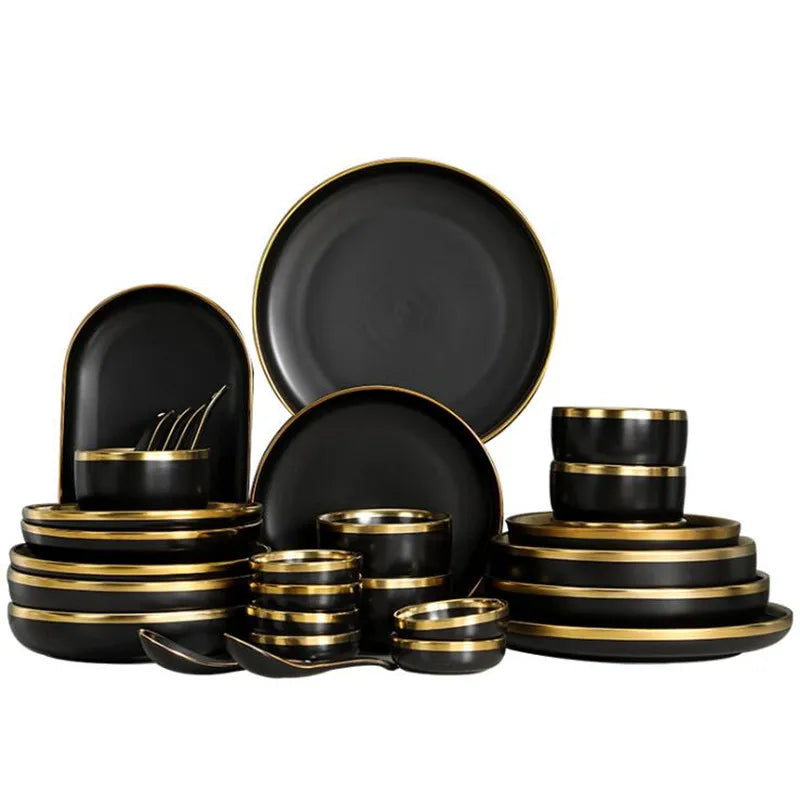 Gilt Rim Black Porcelain Dinner Plates