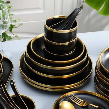 Gilt Rim Black Porcelain Dinner Plates