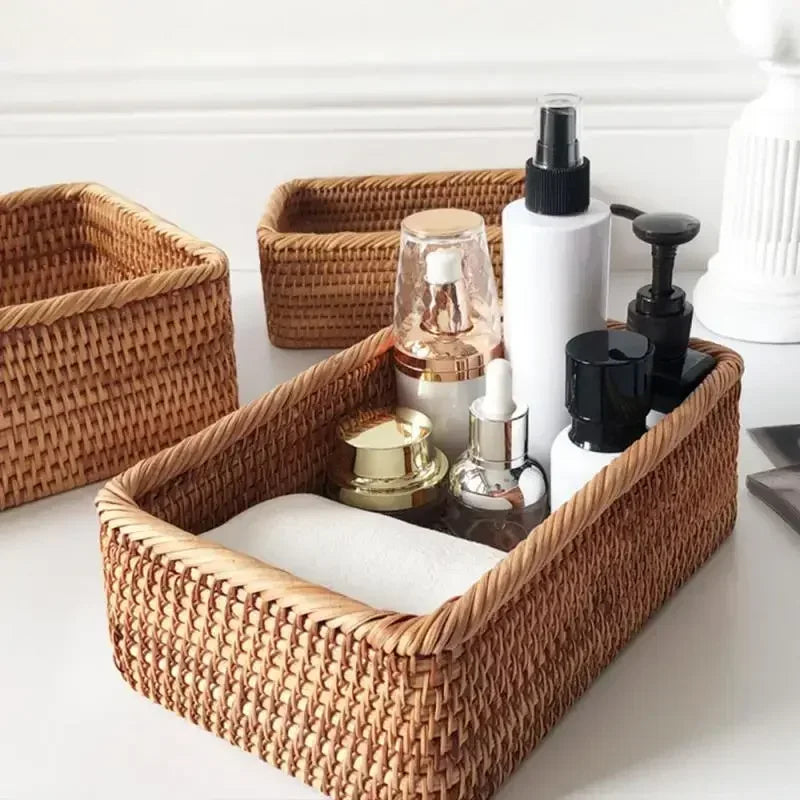 Handwoven Rectangular Rattan Wicker Basket: Kitchen Storage