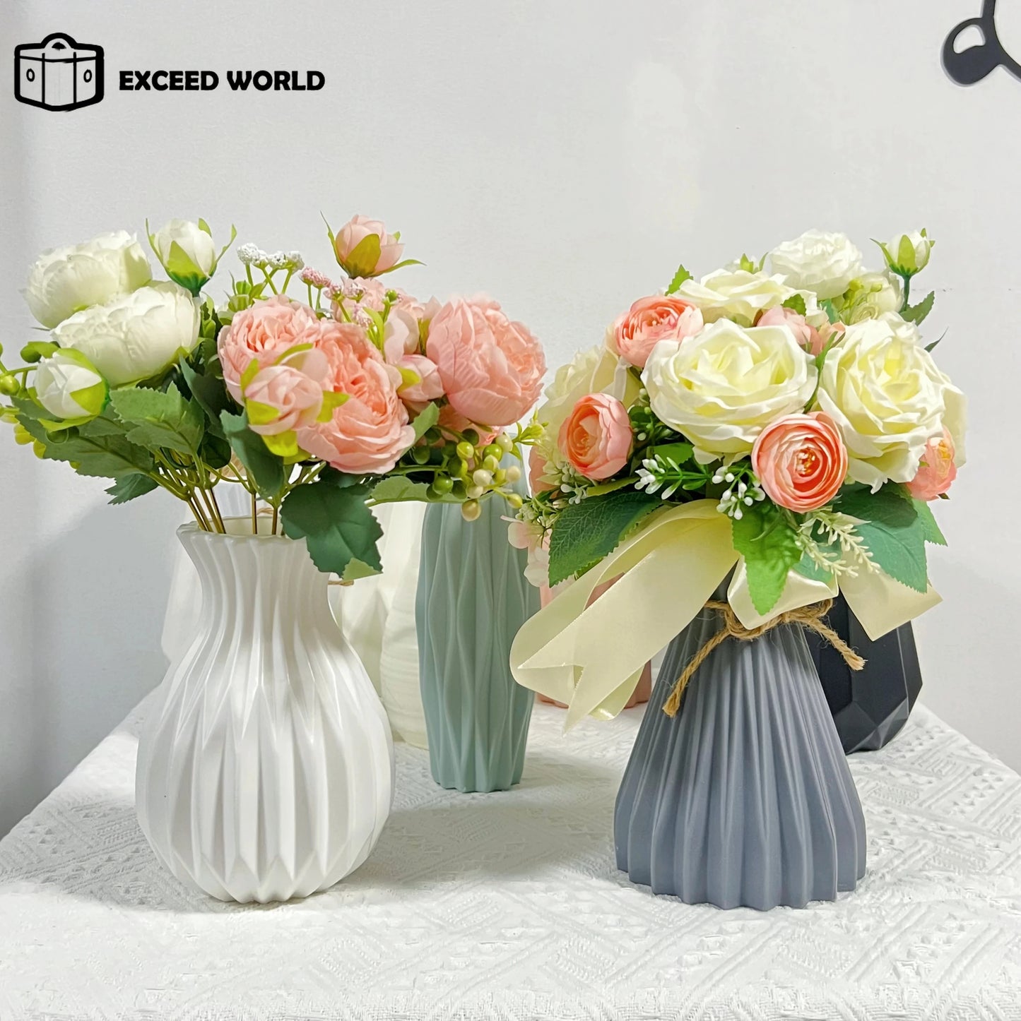 Modern Flower Vase White Plastic Vase Flower Pot Basket Nordic Home Living Room Decoration Ornament Wedding Flower Arrangement