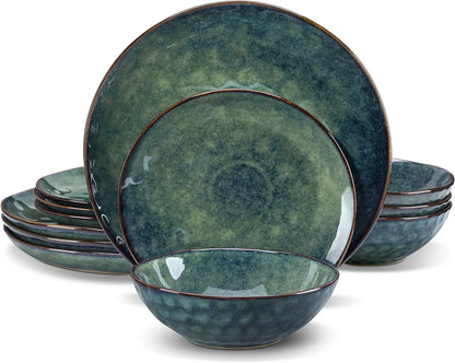 Starry-Green Ceramic Dinnerware Set - 12 Pieces