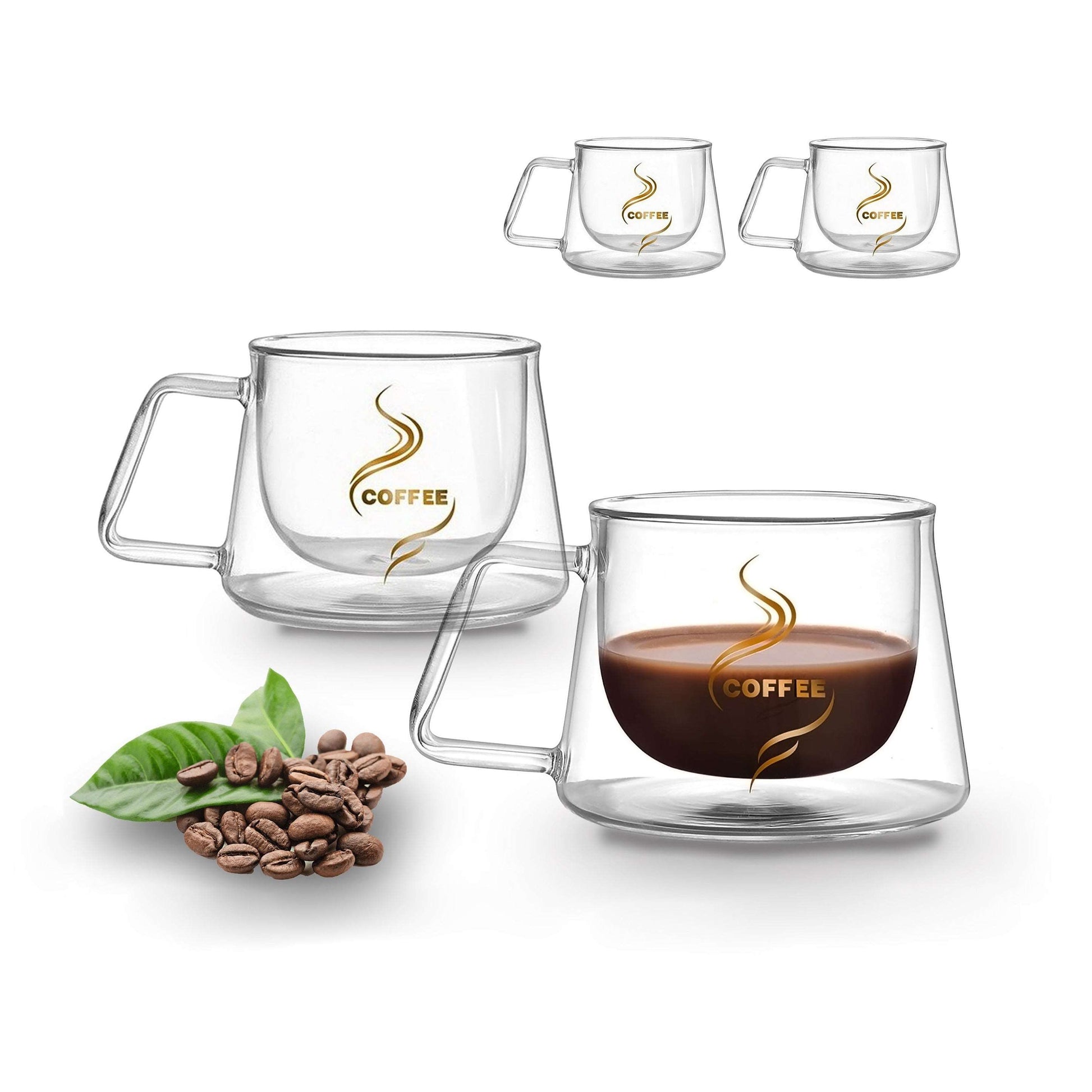 16 Oz Glass Coffee Mugs - Double Wall Insulated - Set Of 4 Clear