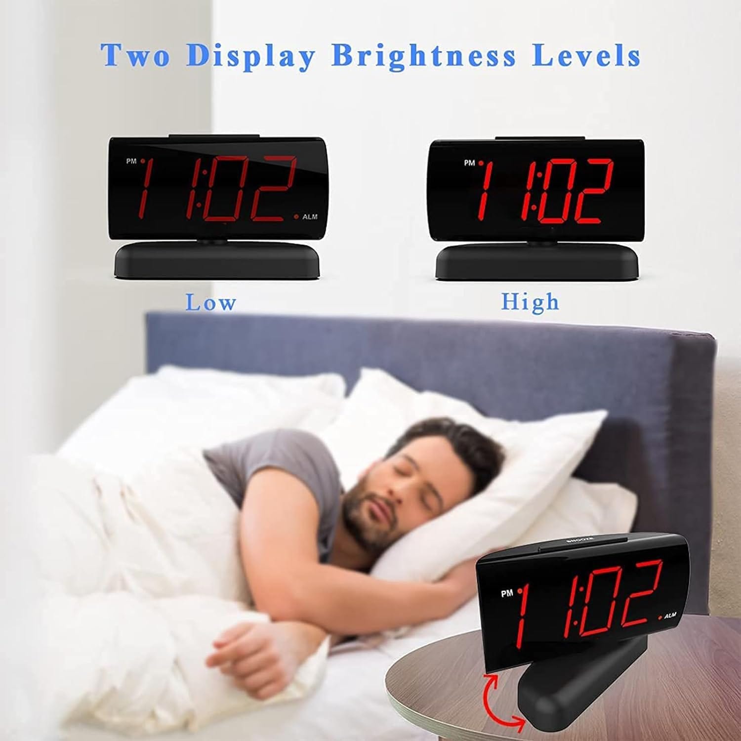 ArtOlo Store GING YHAU alarm clock large digital rotating base 2-level brightness digital clock bedroom bedside alarm clock