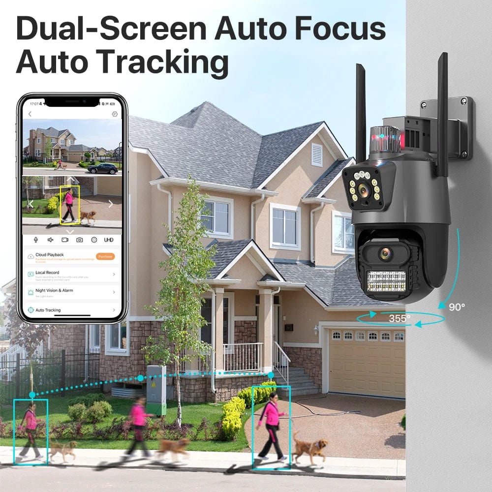 ArtOlo Store Outdoor Wifi PTZ Camera 4K 8MP HD Dual-Lens Dual Screen Camera AI Auto Tracking 4MP Video Surveillance Police Light Alarm iCSee