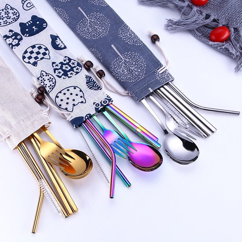 ArtOlo Store Stainless Steel Dinnerware Set Spoon Fork Chopsticks Straw With Cloth Pack Cutlery