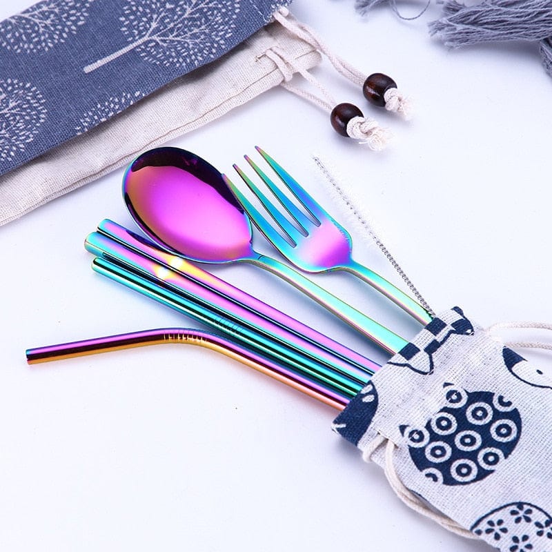 ArtOlo Store Stainless Steel Dinnerware Set Spoon Fork Chopsticks Straw With Cloth Pack Cutlery