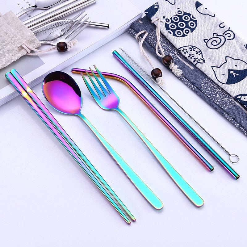 ArtOlo Store Stainless Steel Dinnerware Set Spoon Fork Chopsticks Straw With Cloth Pack Cutlery