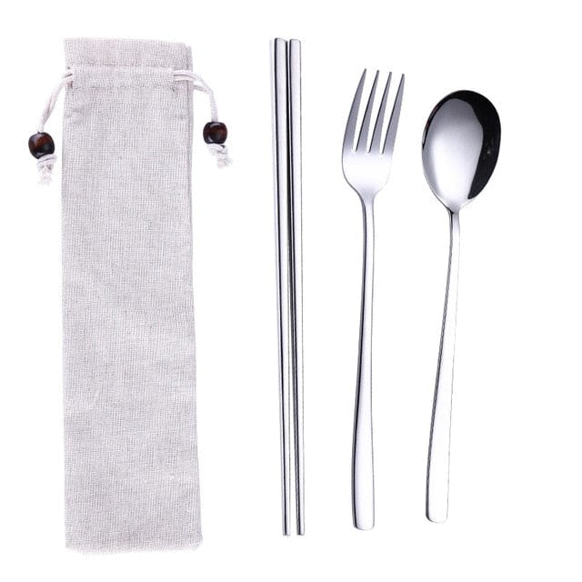 ArtOlo Store Stainless Steel Dinnerware Set Spoon Fork Chopsticks Straw With Cloth Pack Cutlery