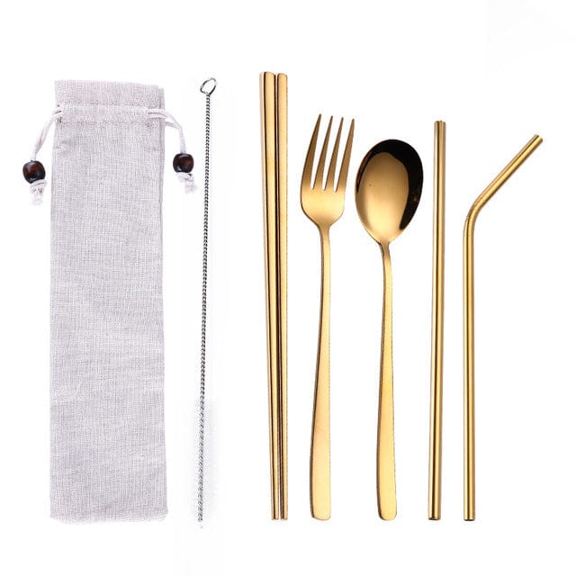 ArtOlo Store Stainless Steel Dinnerware Set Spoon Fork Chopsticks Straw With Cloth Pack Cutlery