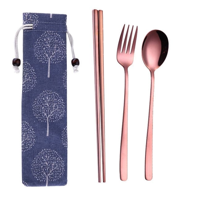 ArtOlo Store Stainless Steel Dinnerware Set Spoon Fork Chopsticks Straw With Cloth Pack Cutlery