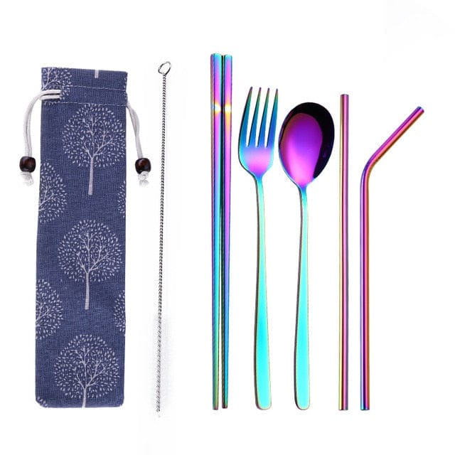 ArtOlo Store Stainless Steel Dinnerware Set Spoon Fork Chopsticks Straw With Cloth Pack Cutlery