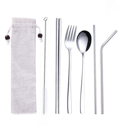 ArtOlo Store Stainless Steel Dinnerware Set Spoon Fork Chopsticks Straw With Cloth Pack Cutlery