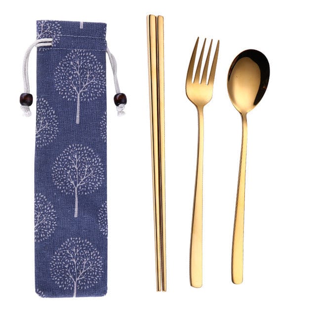 ArtOlo Store Stainless Steel Dinnerware Set Spoon Fork Chopsticks Straw With Cloth Pack Cutlery