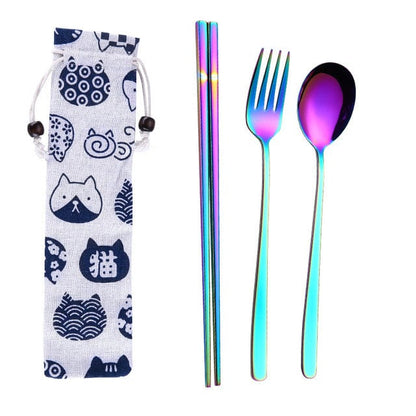 ArtOlo Store Stainless Steel Dinnerware Set Spoon Fork Chopsticks Straw With Cloth Pack Cutlery