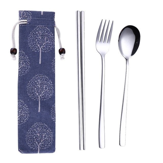 ArtOlo Store Stainless Steel Dinnerware Set Spoon Fork Chopsticks Straw With Cloth Pack Cutlery