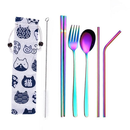 ArtOlo Store Stainless Steel Dinnerware Set Spoon Fork Chopsticks Straw With Cloth Pack Cutlery