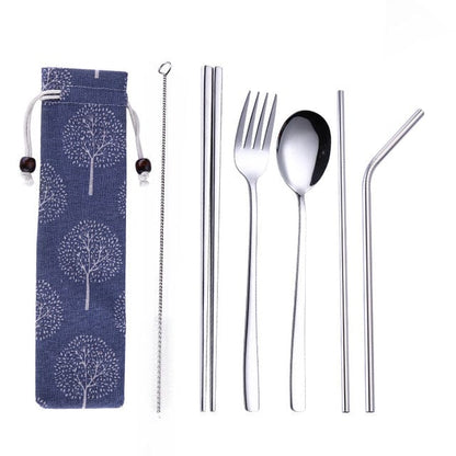 ArtOlo Store Stainless Steel Dinnerware Set Spoon Fork Chopsticks Straw With Cloth Pack Cutlery