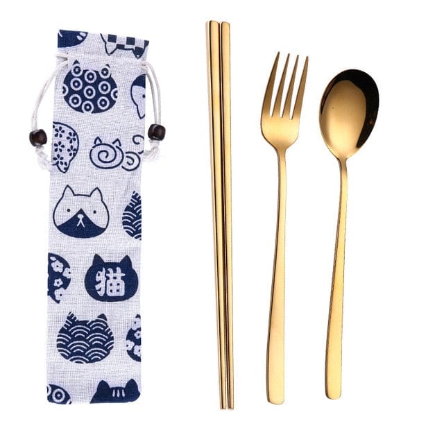 ArtOlo Store Stainless Steel Dinnerware Set Spoon Fork Chopsticks Straw With Cloth Pack Cutlery