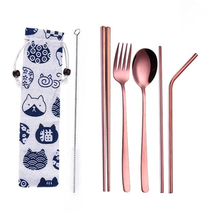 ArtOlo Store Stainless Steel Dinnerware Set Spoon Fork Chopsticks Straw With Cloth Pack Cutlery