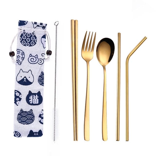 ArtOlo Store Stainless Steel Dinnerware Set Spoon Fork Chopsticks Straw With Cloth Pack Cutlery