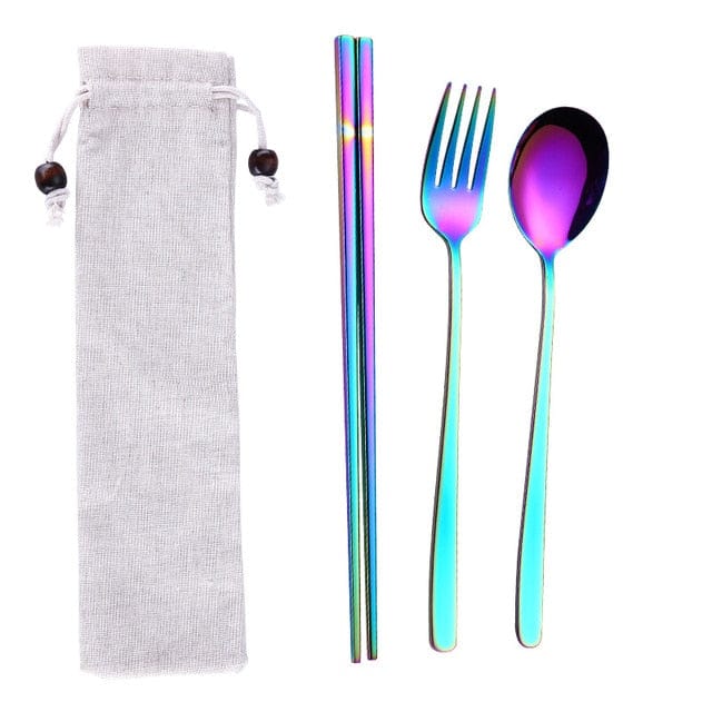 ArtOlo Store Stainless Steel Dinnerware Set Spoon Fork Chopsticks Straw With Cloth Pack Cutlery