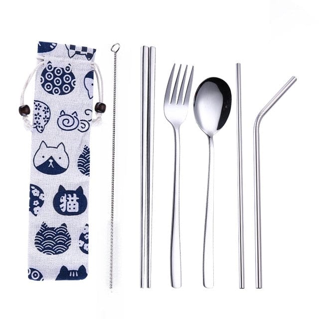 ArtOlo Store Stainless Steel Dinnerware Set Spoon Fork Chopsticks Straw With Cloth Pack Cutlery