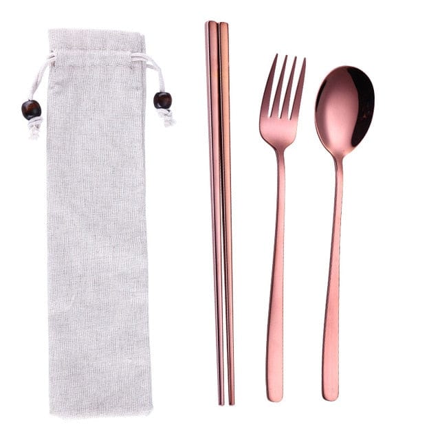 ArtOlo Store Stainless Steel Dinnerware Set Spoon Fork Chopsticks Straw With Cloth Pack Cutlery