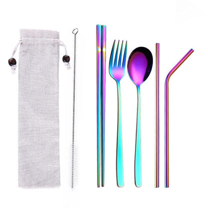 ArtOlo Store Stainless Steel Dinnerware Set Spoon Fork Chopsticks Straw With Cloth Pack Cutlery