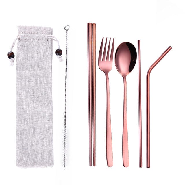 ArtOlo Store Stainless Steel Dinnerware Set Spoon Fork Chopsticks Straw With Cloth Pack Cutlery