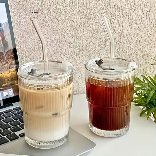 ArtOlo Store Glass Cup Stripe Glass Cup with Lid and Straw