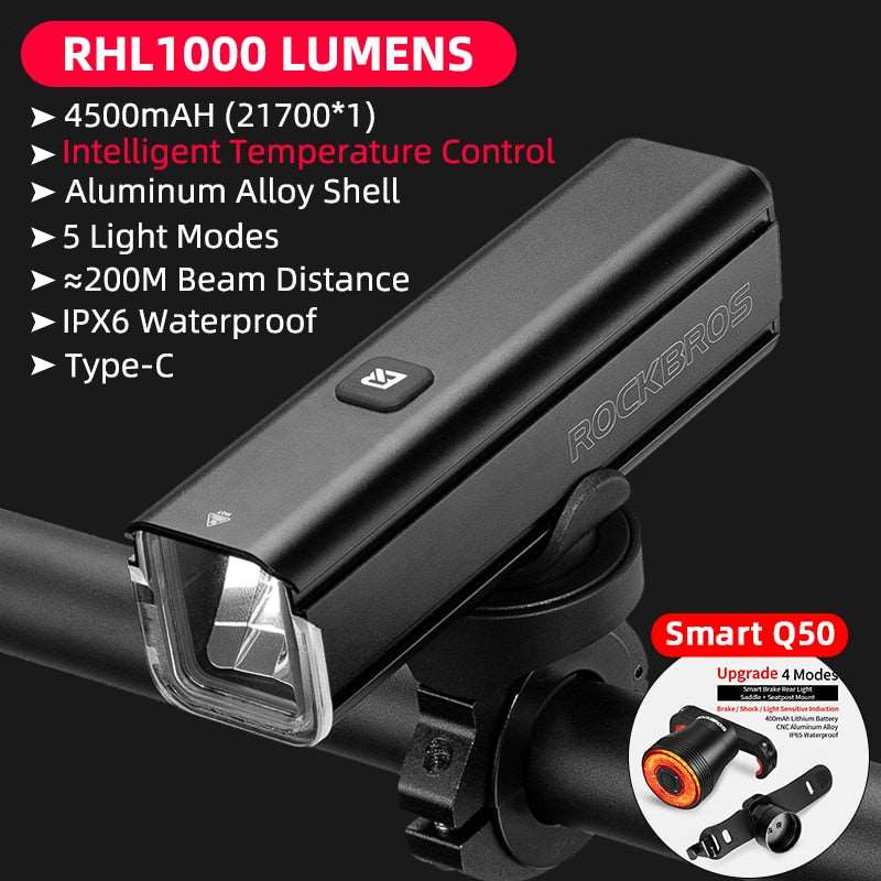 Home Finesse ROCKBROS 1000LM Bike Light - Type-C Rechargeable