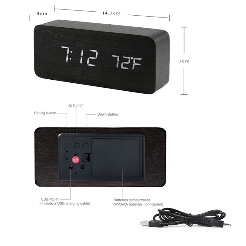 Home Finesse Stylish Wooden Digital Alarm Clock with Temperature Display
