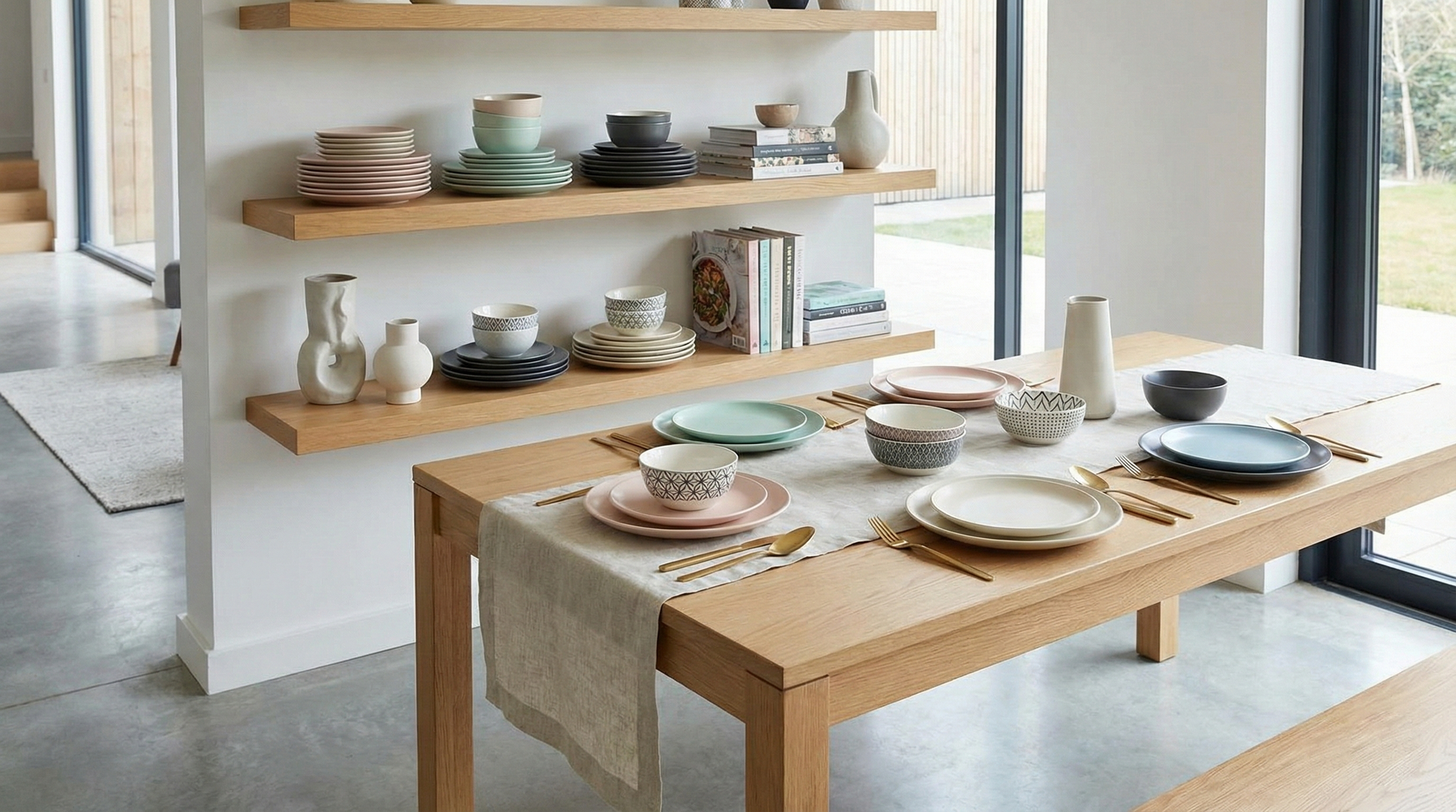 modern dining room with trendy pastel and neutral dinnerware on a contemporary table