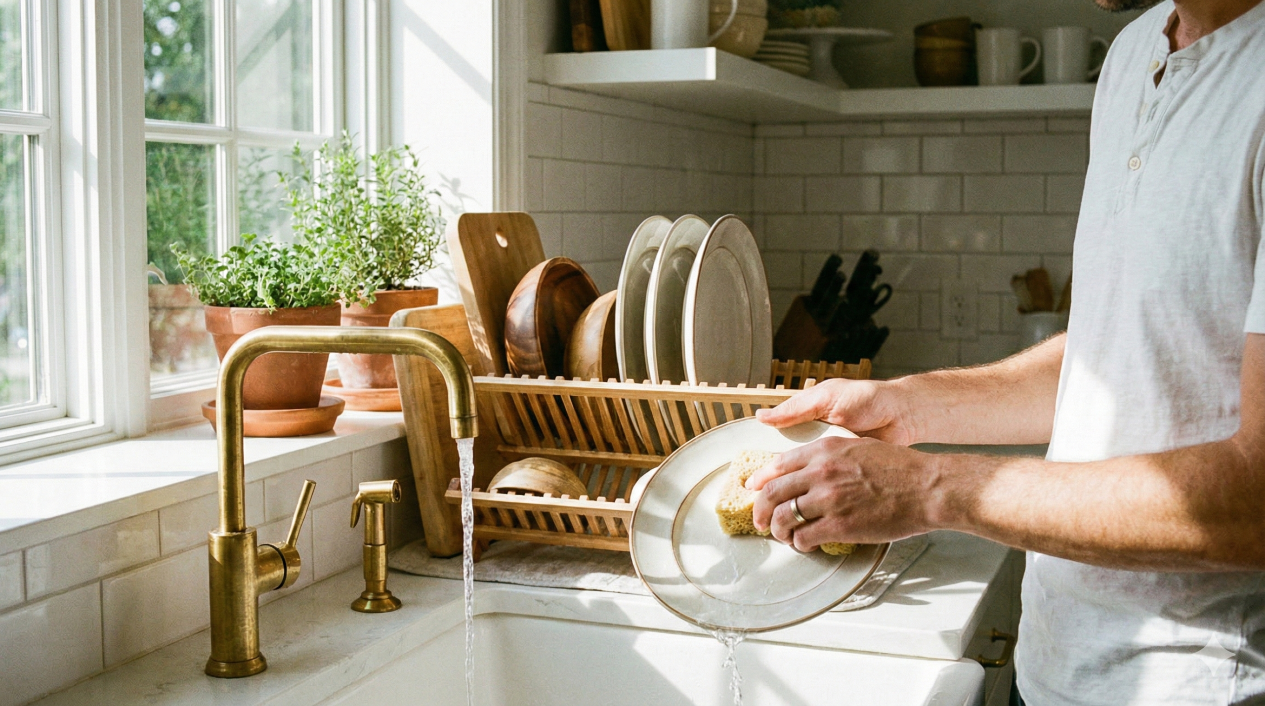 person carefully hand washing ceramic dinnerware in a bright kitchen