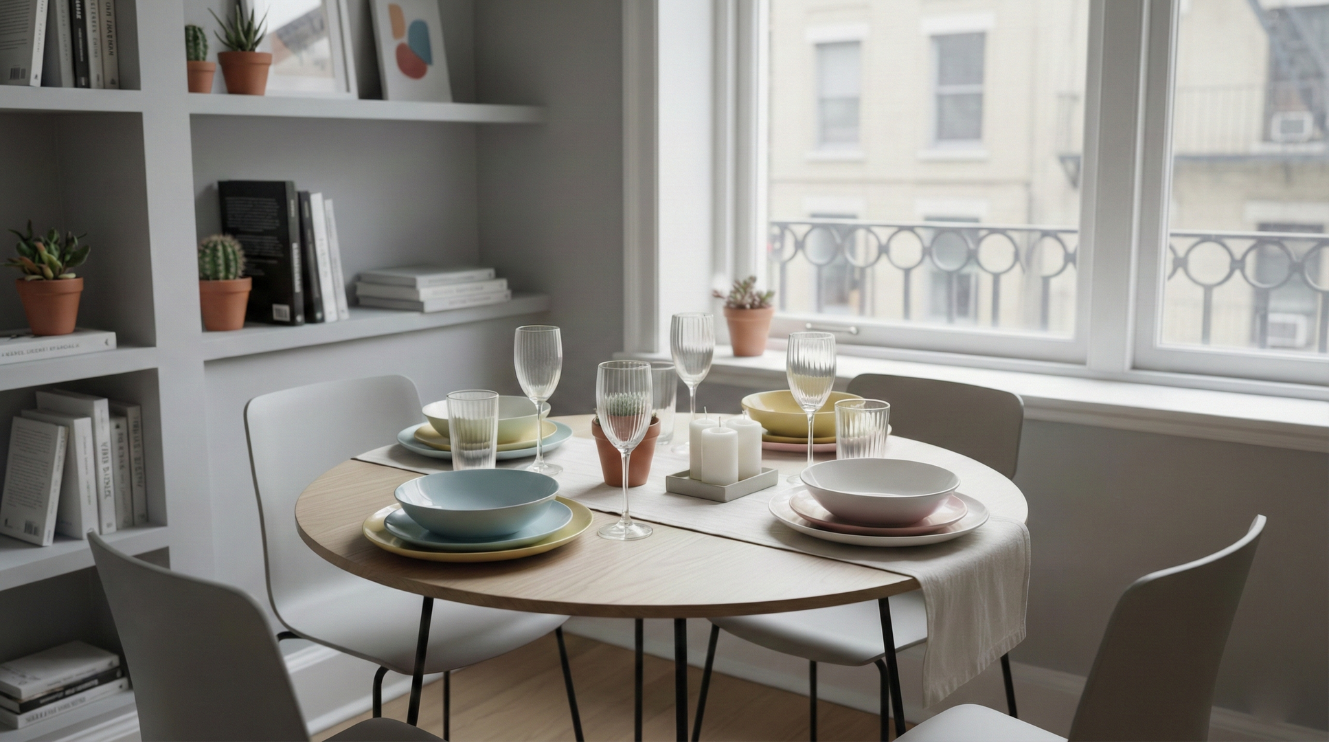 stylish budget friendly dining table with simple white plates and colorful accents