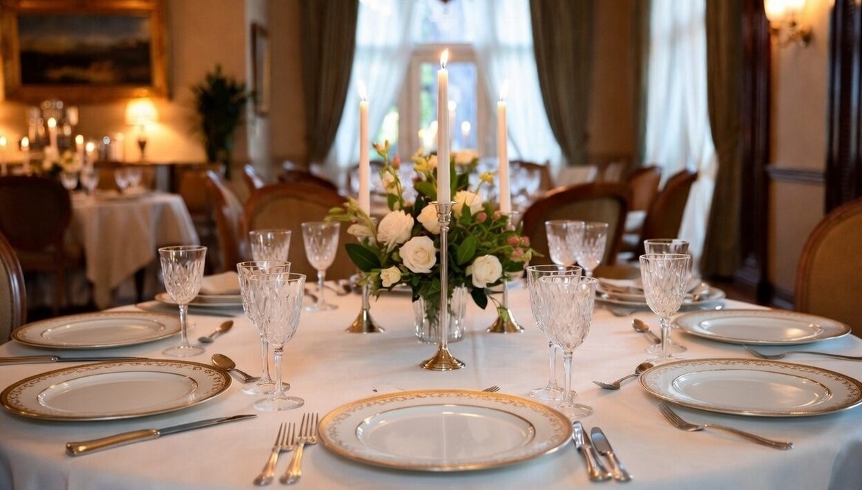 Luxurious dinner table with fine bone china and crystal glasses prepared for entertaining