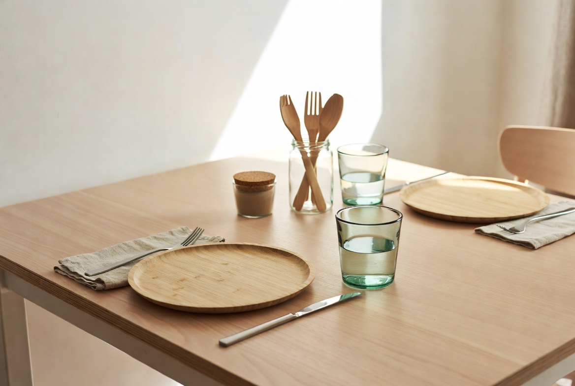 Eco-friendly dining table with bamboo plates and recycled glassware