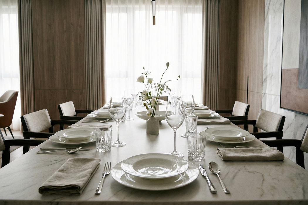elegant dining table set with high‑quality white porcelain plates, crystal glasses, and polished cutlery