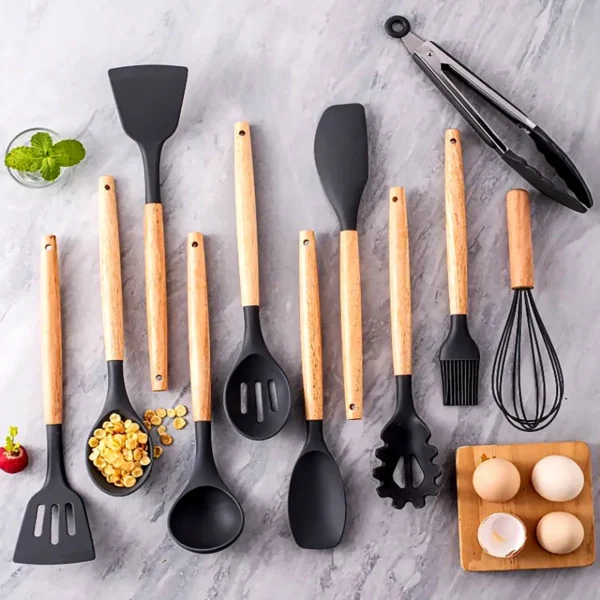 Silicone Wooden Handle Utensil Set
