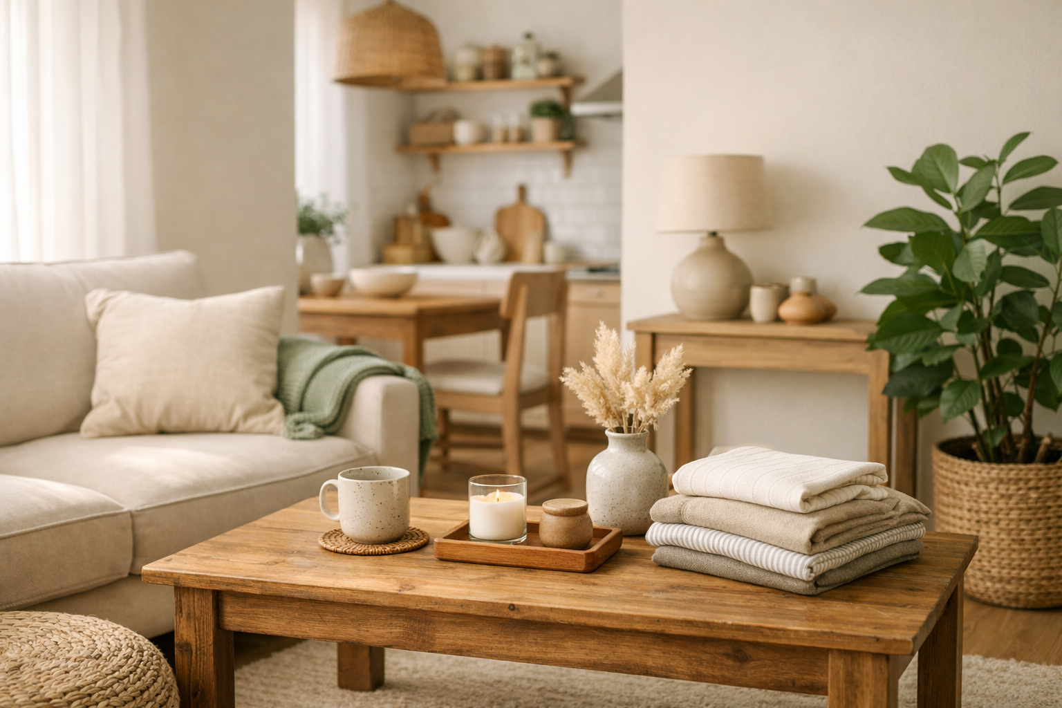 Warm neutral living room with wooden coffee table, folded textiles, plants, and kitchen in the background