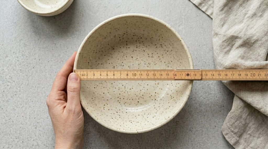 hand using a simple wooden or classic tape measure alongside a ceramic bowl